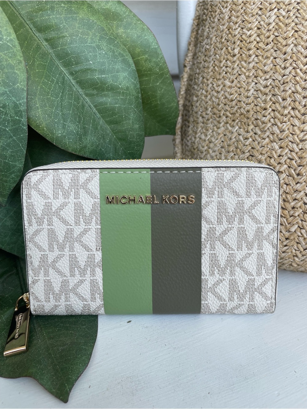 Michael Kors Small Jet Set Zip-Around Card Case Wallet: Vanilla, Sage, Olive